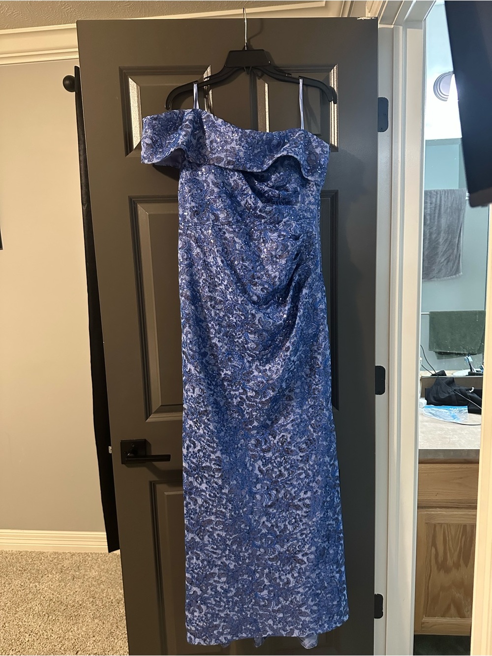 Eliza J Blue Floral One-Shoulder Evening Gown